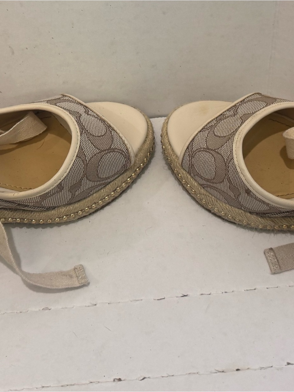 Coach Beige Canvas Logo Espadrille Sandals with Tie Ankle - Picture 5 of 14